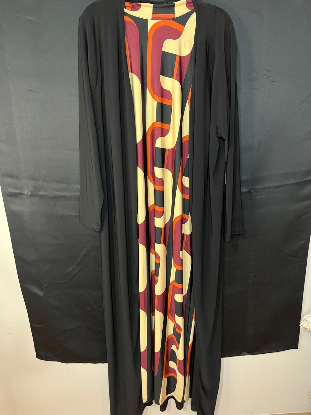 Ashley Stewart Black Open-Front Maxi Dress with Retro Print Panel